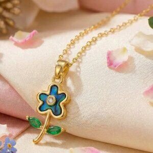 18K Gold Plated Blue Flower Necklace Abalone Shell & Sparkling Zirconia Pendant
